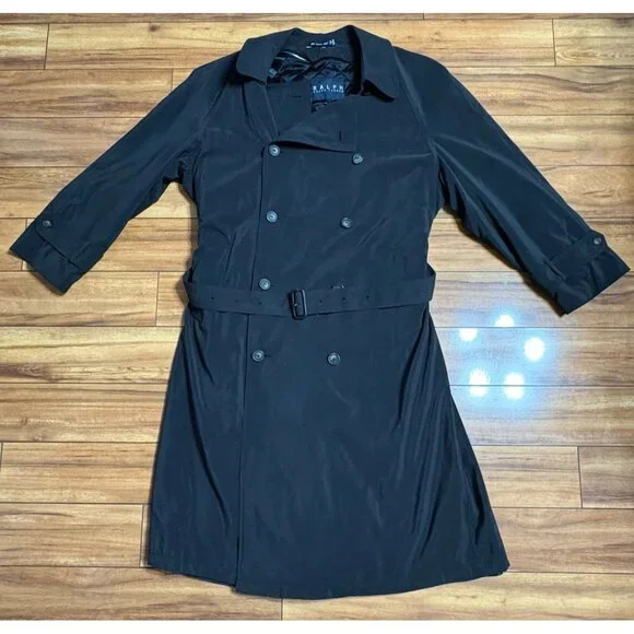 Vtg Ralph Lauren Trench Coat 44 Wool Bld Black Double-Breasted Belt Lined Men's - Picture 4 of 12